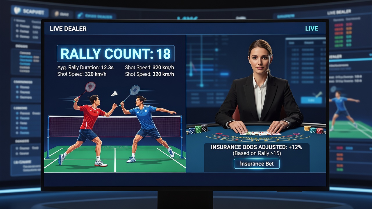 Split view showing a live blackjack table alongside badminton match statistics and reward accumulator displays on a digital platform interface