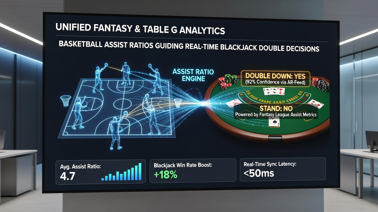 Split-screen view of a fantasy basketball dashboard next to a live blackjack table with real-time data overlays