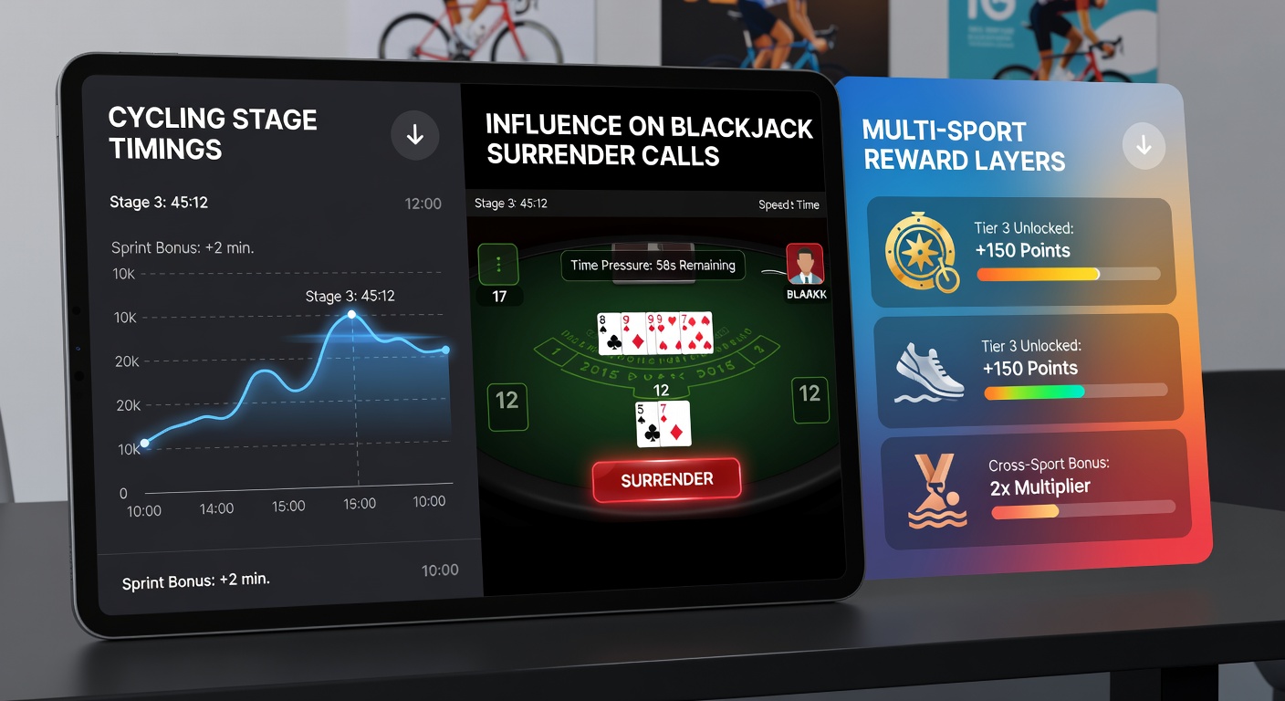 Cycling stage timing data displayed alongside blackjack interface in a multi-sport reward app