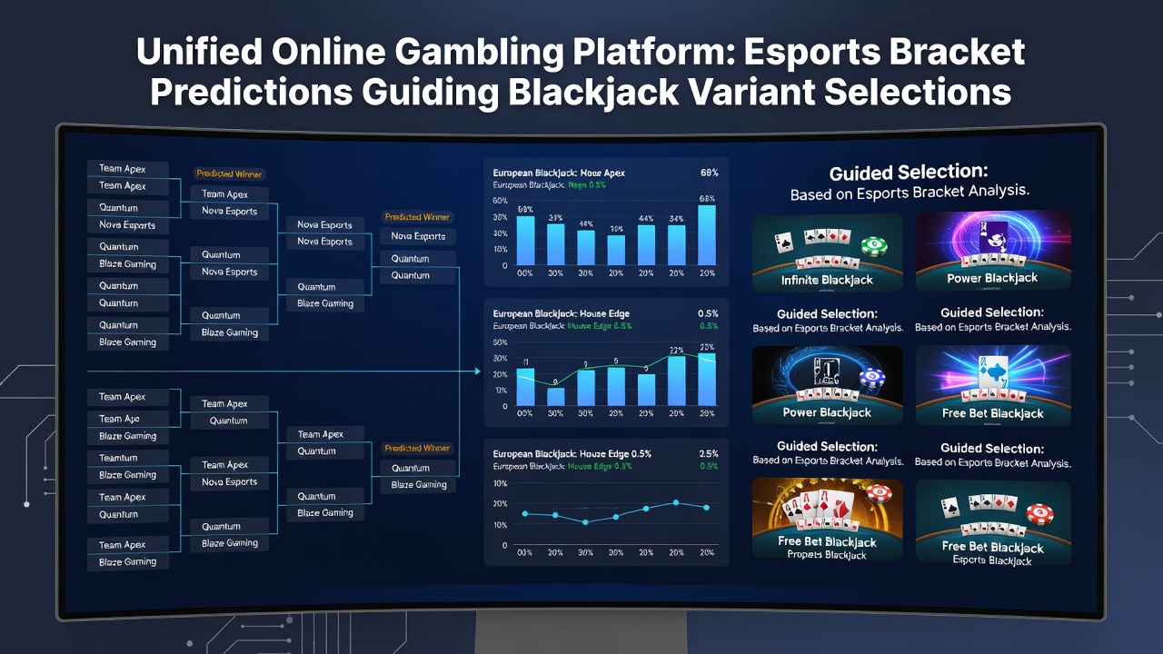 Live esports bracket overlay influencing blackjack variant selection screen in a hybrid gambling app