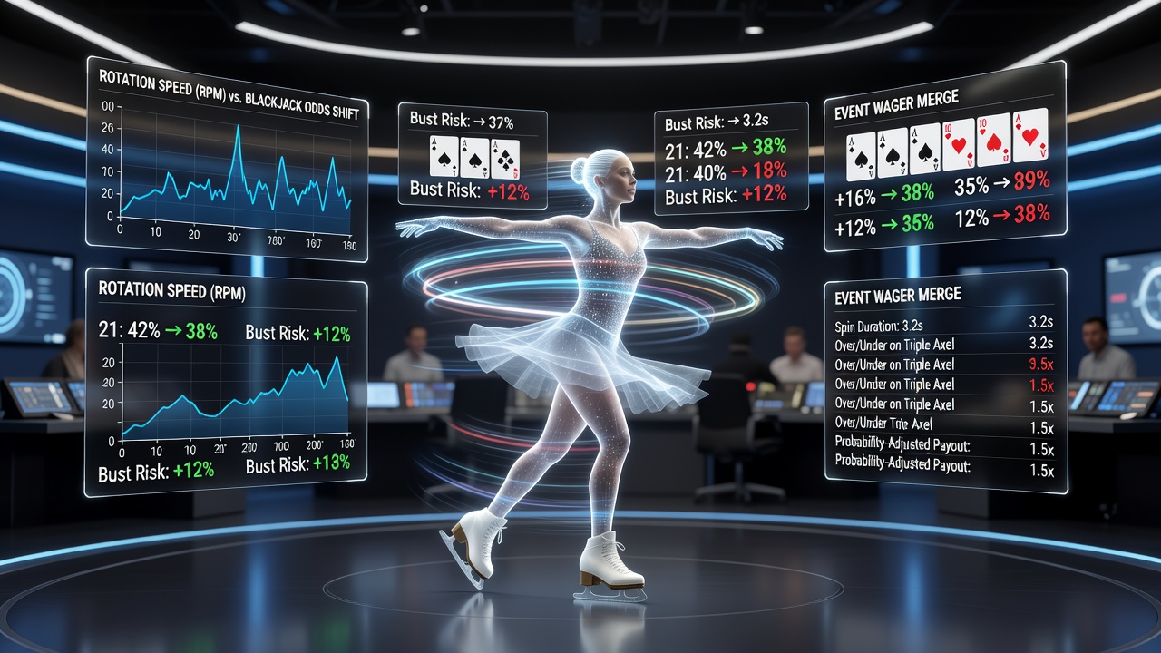 Close-up of a mobile app screen displaying figure skating live stats alongside blackjack hand recommendations and accumulating reward indicators