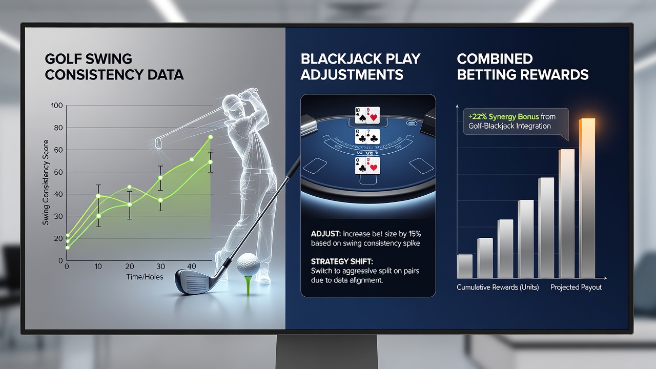 Golf swing analysis data displayed alongside blackjack strategy charts in a digital betting interface
