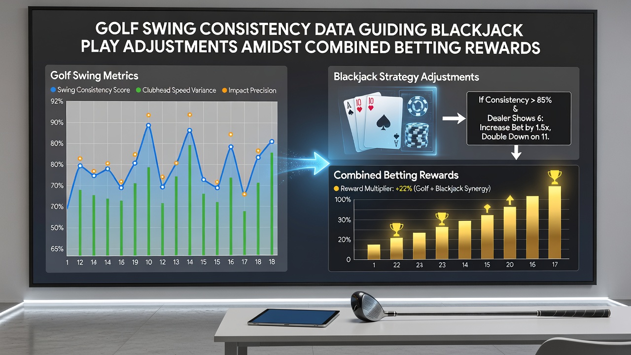 Data visualization showing correlations between golf swing metrics and blackjack bet adjustments on a unified gambling app