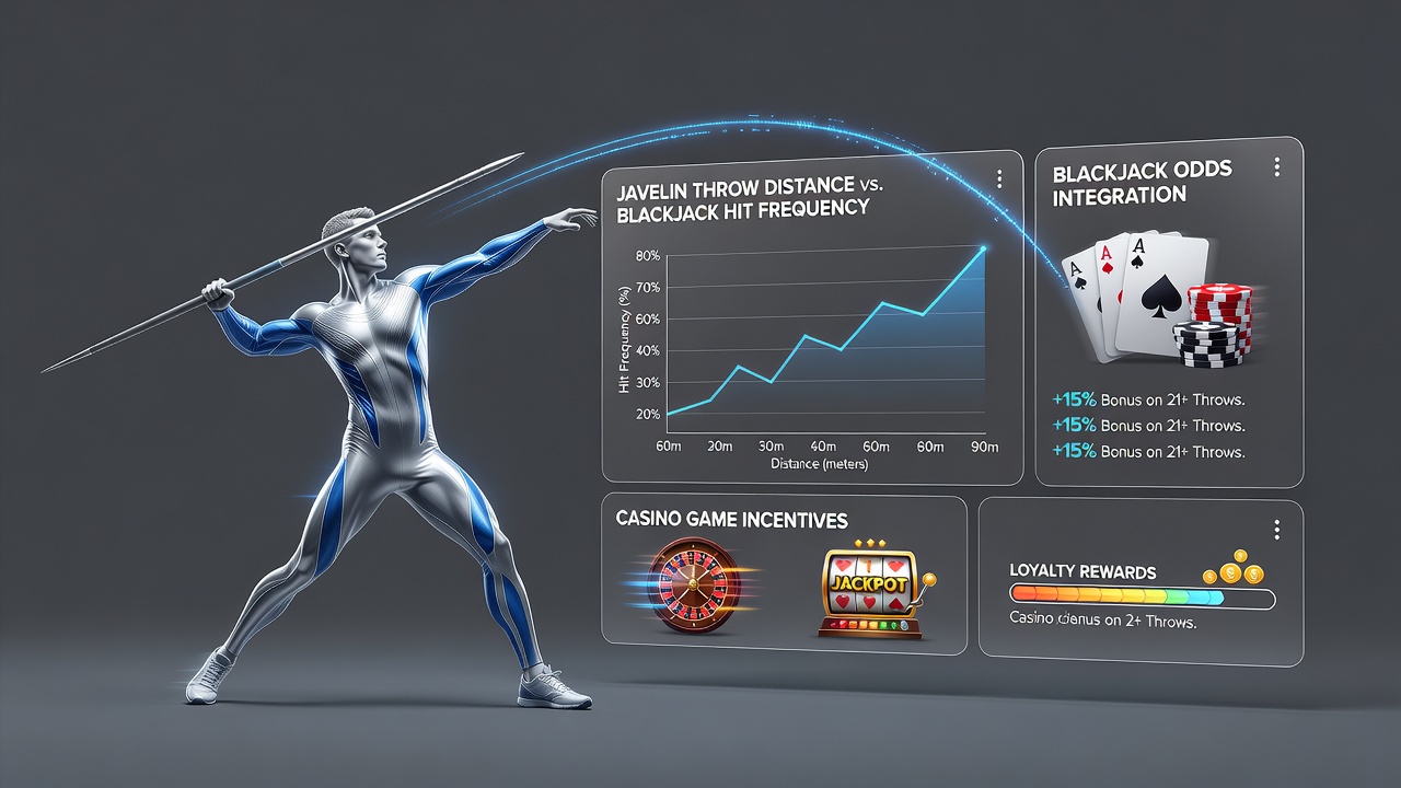 Athletes launching javelins during a track and field competition with digital overlays showing distance metrics