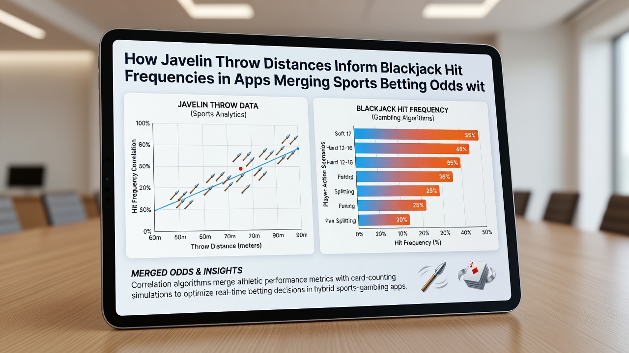 Mobile app interface displaying javelin throw data alongside blackjack decision prompts and accumulated rewards