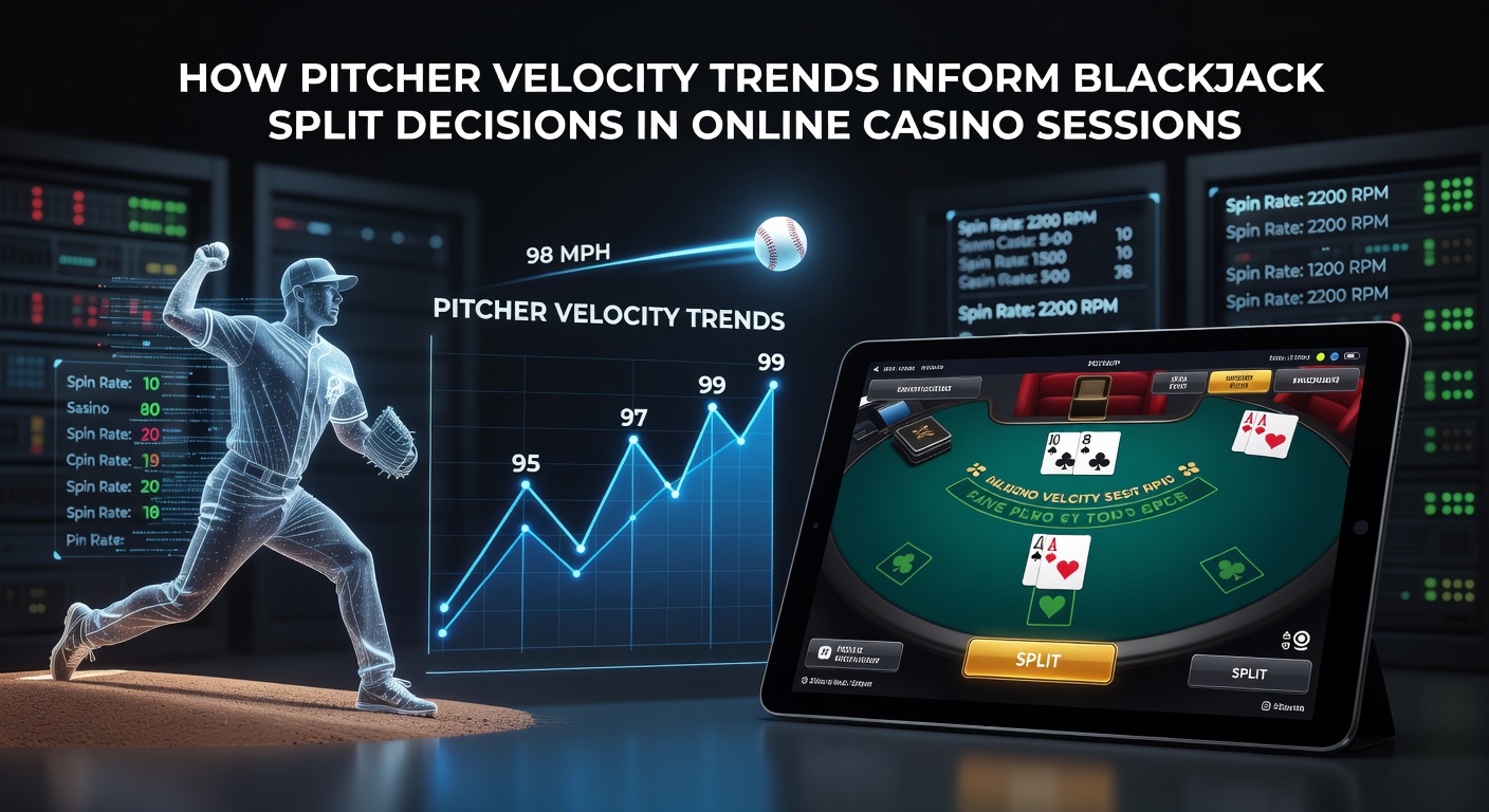 Baseball pitcher delivering high-velocity fastball alongside online blackjack interface showing split decision options
