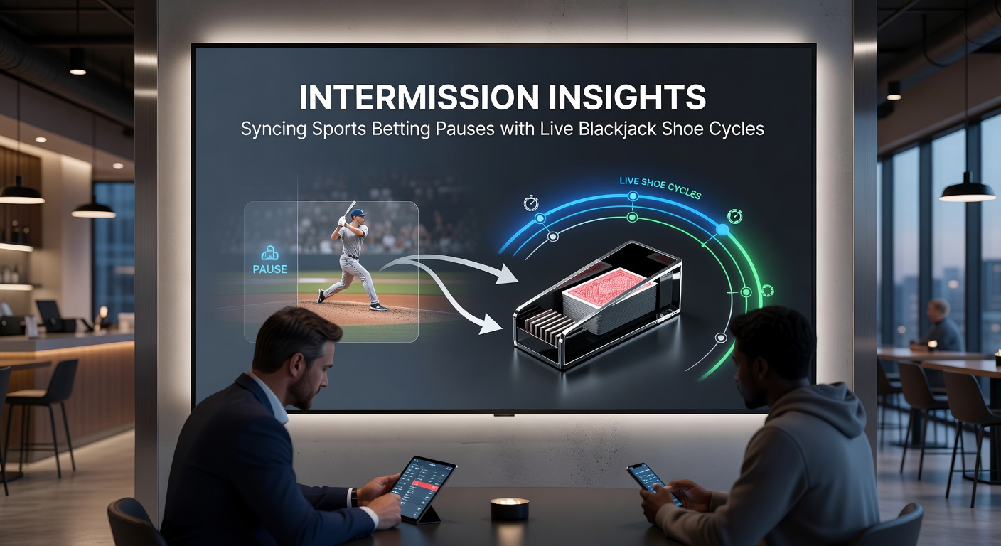 A split-screen view showing a basketball halftime clock ticking down alongside a live blackjack dealer shuffling a shoe, highlighting the natural alignment of game pauses and card cycles
