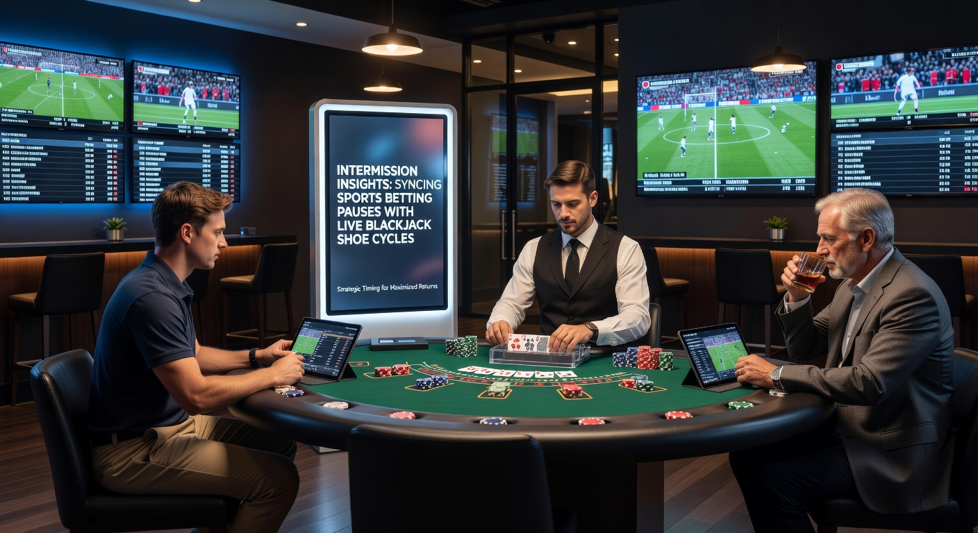 Close-up of a sports betting app paused at halftime next to a blackjack table mid-shoe, with overlaid charts comparing pause durations and shoe penetration rates