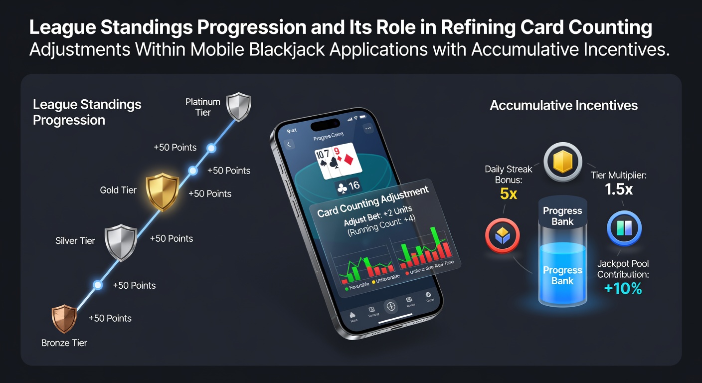 Mobile blackjack app interface displaying league standings data integrated with card counting metrics and accumulative bonus trackers