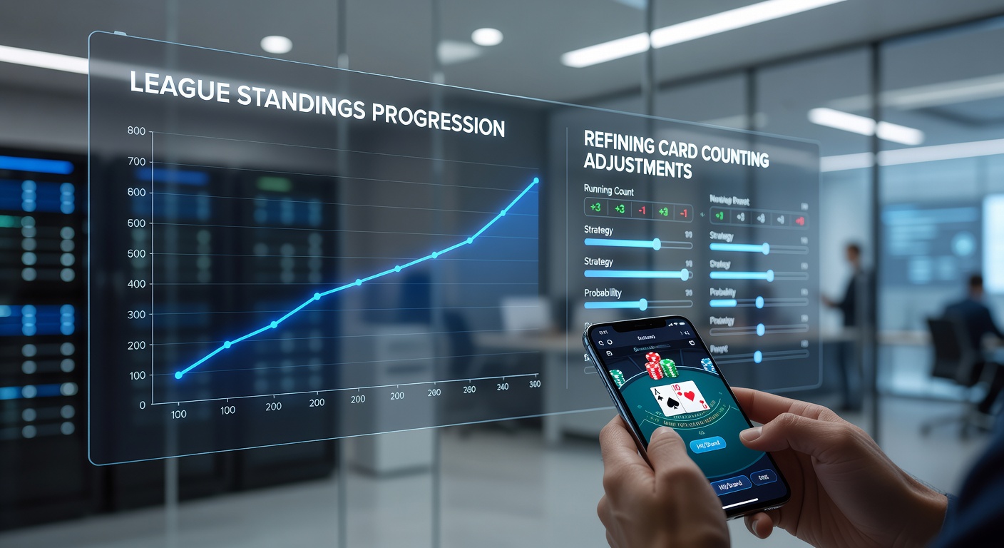 Data visualization showing card counting adjustments linked to league standings progression and bonus accumulation curves in a mobile application