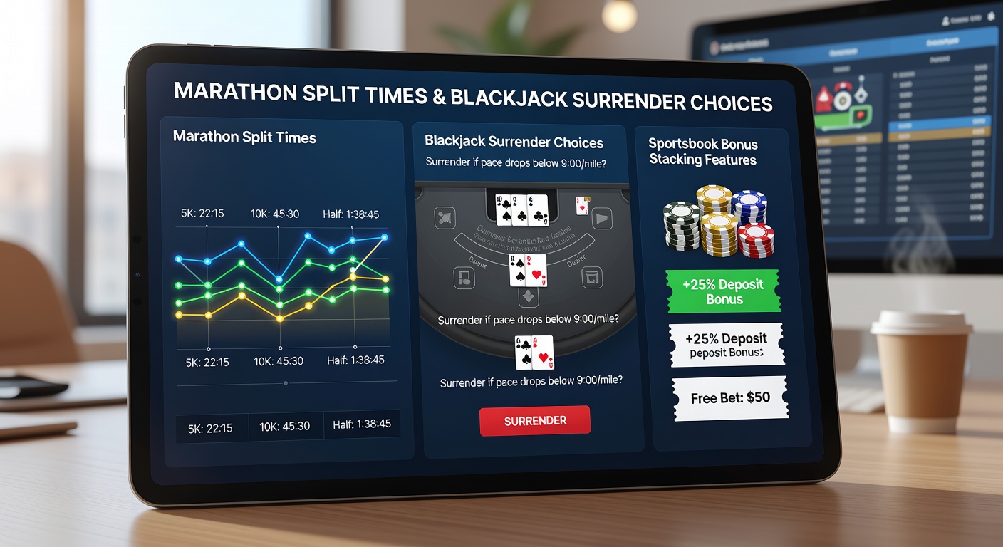 Marathon runners checking split times on digital watches during a race, overlaid with blackjack table graphics showing surrender decision points