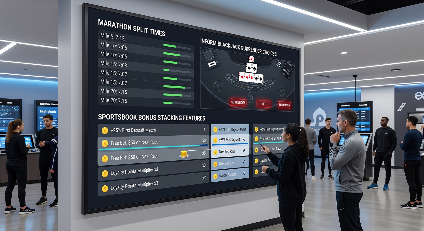 Blackjack table interface displaying surrender button alongside sportsbook bonus progress bars and marathon-style split time analytics overlay