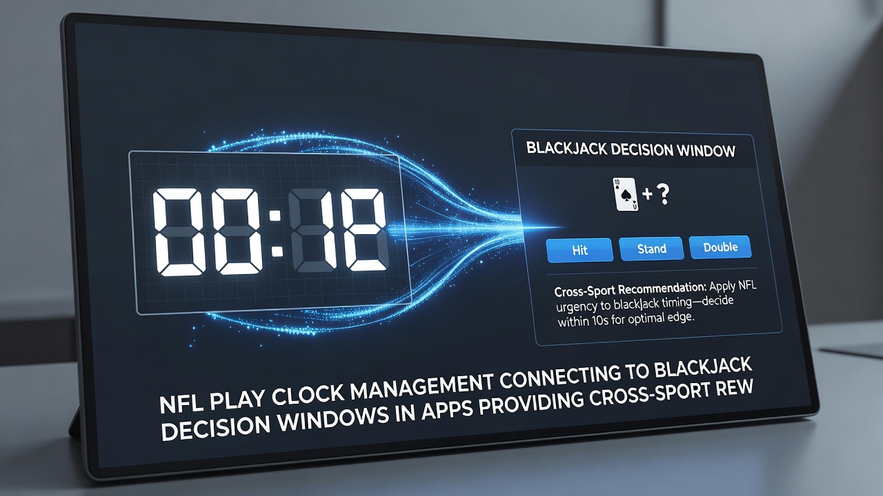 Blackjack decision interface displaying synchronized timing elements drawn from NFL play clock data within reward tracking dashboards