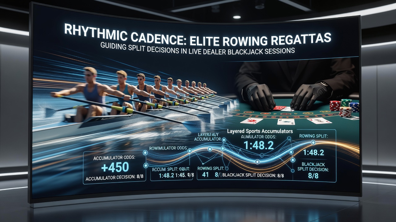 Rowing regatta stroke analysis overlaid with blackjack table interface showing split decision timing