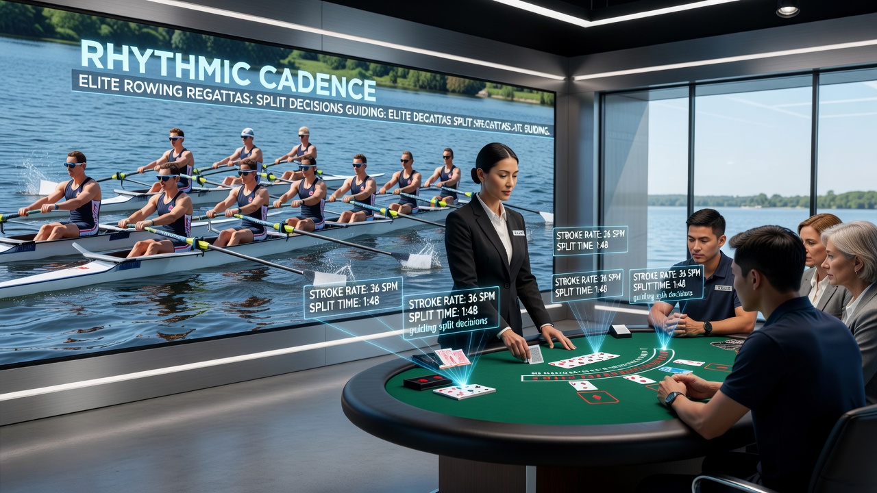 Split screen view of rowing race timing data next to live blackjack table with accumulator tracker active