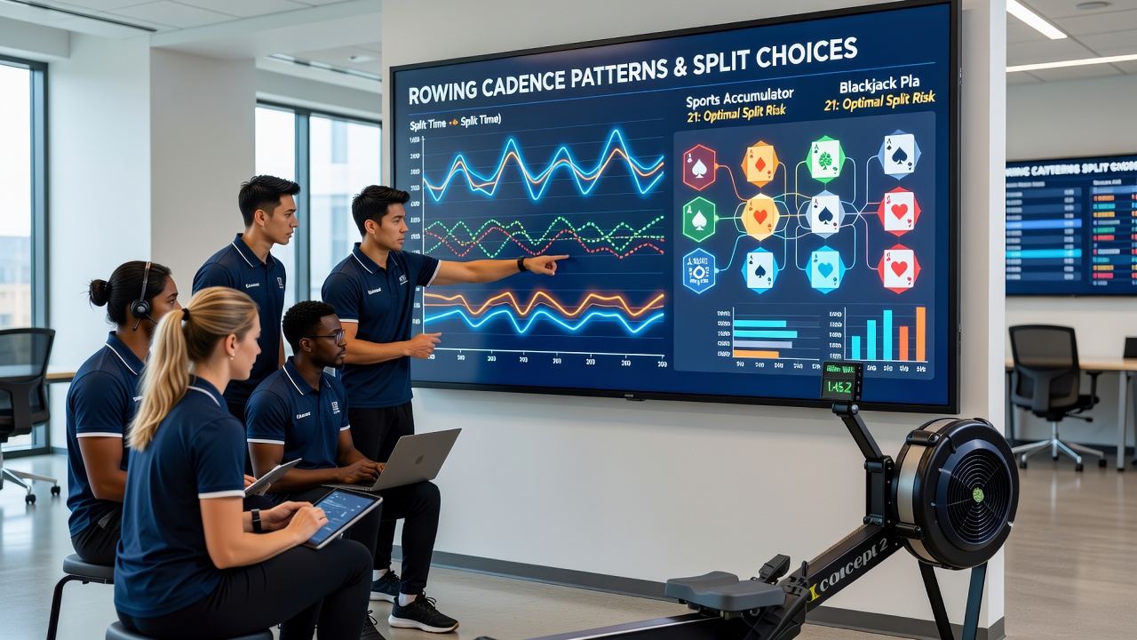 Close-up of digital interface displaying rowing cadence metrics alongside blackjack split decision prompts on a unified platform