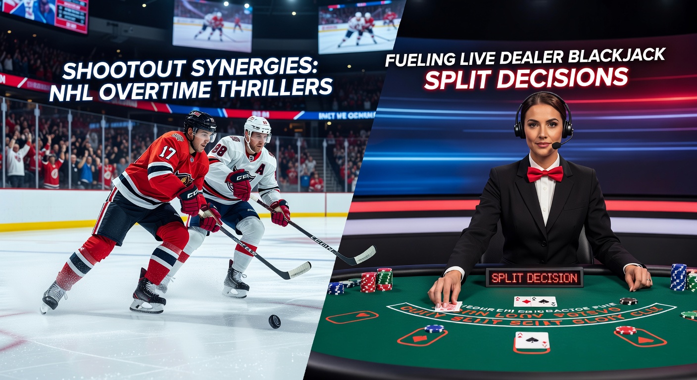 Split screen of NHL shootout intensity alongside a live dealer blackjack table showing a critical pair split decision