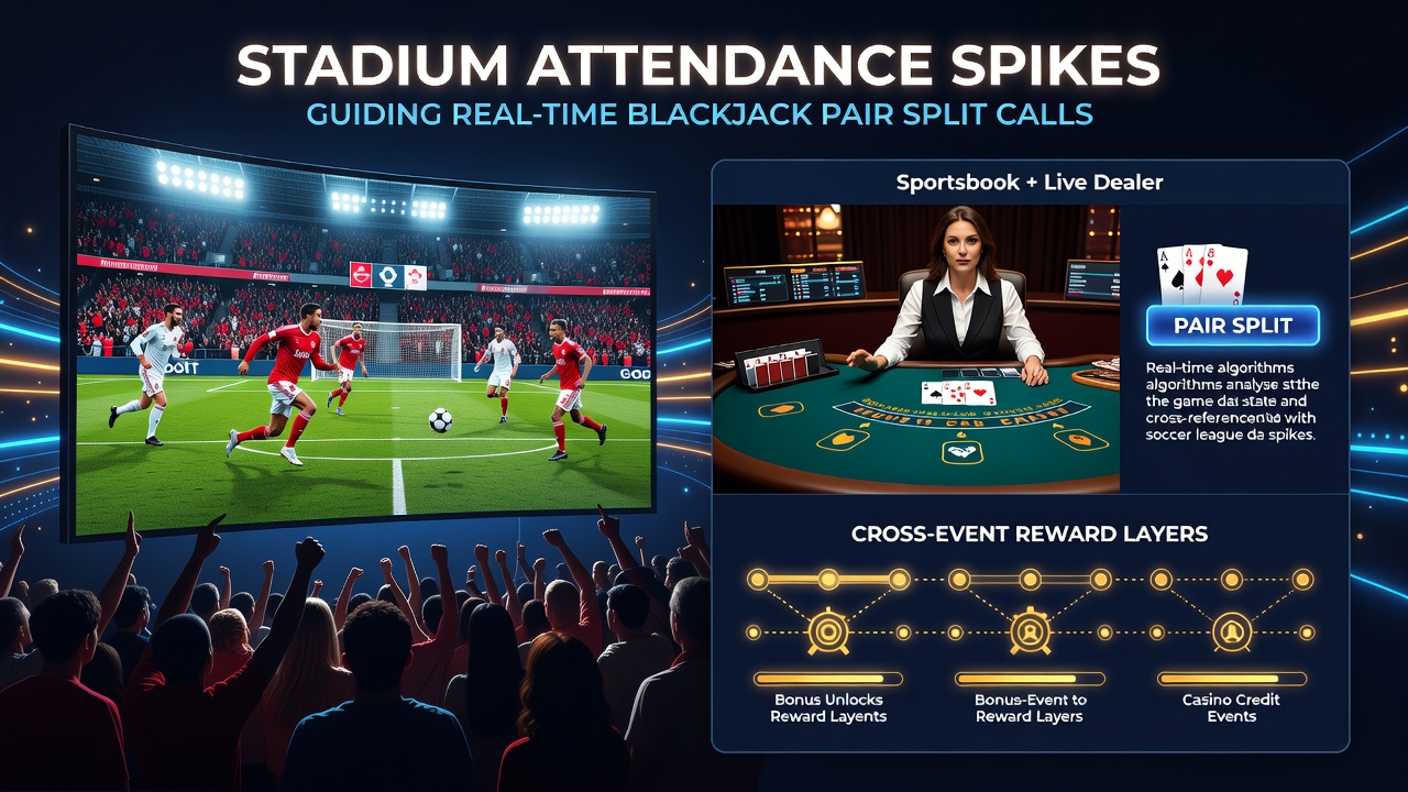 Stadium crowd during a major soccer match with overlaid digital app interface showing blackjack options