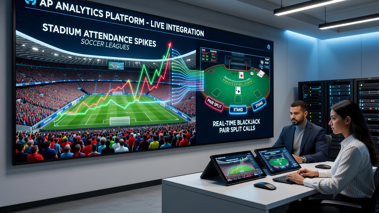Mobile app screen displaying integrated soccer attendance data influencing blackjack pair split recommendations