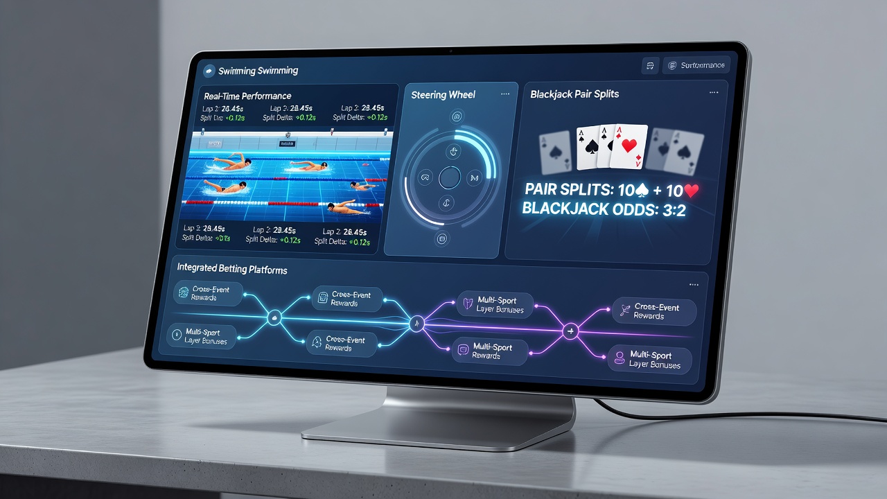 Integrated betting interface showing swimming lap data overlaid on blackjack pair split options