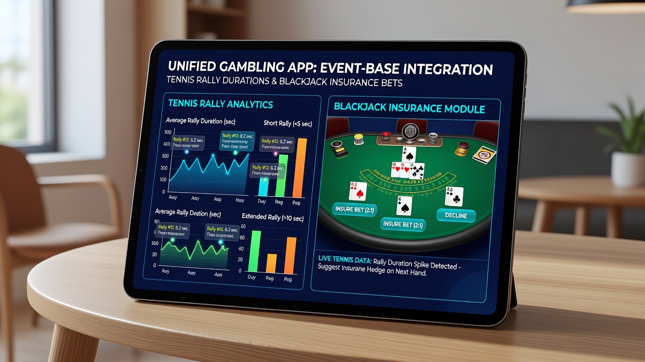 Live tennis rally timer overlay on a mobile blackjack screen showing insurance bet options