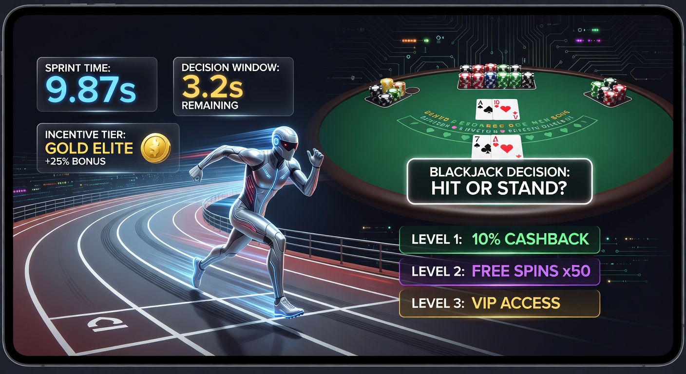 Track athletes in starting blocks alongside mobile blackjack interface showing decision timing overlays