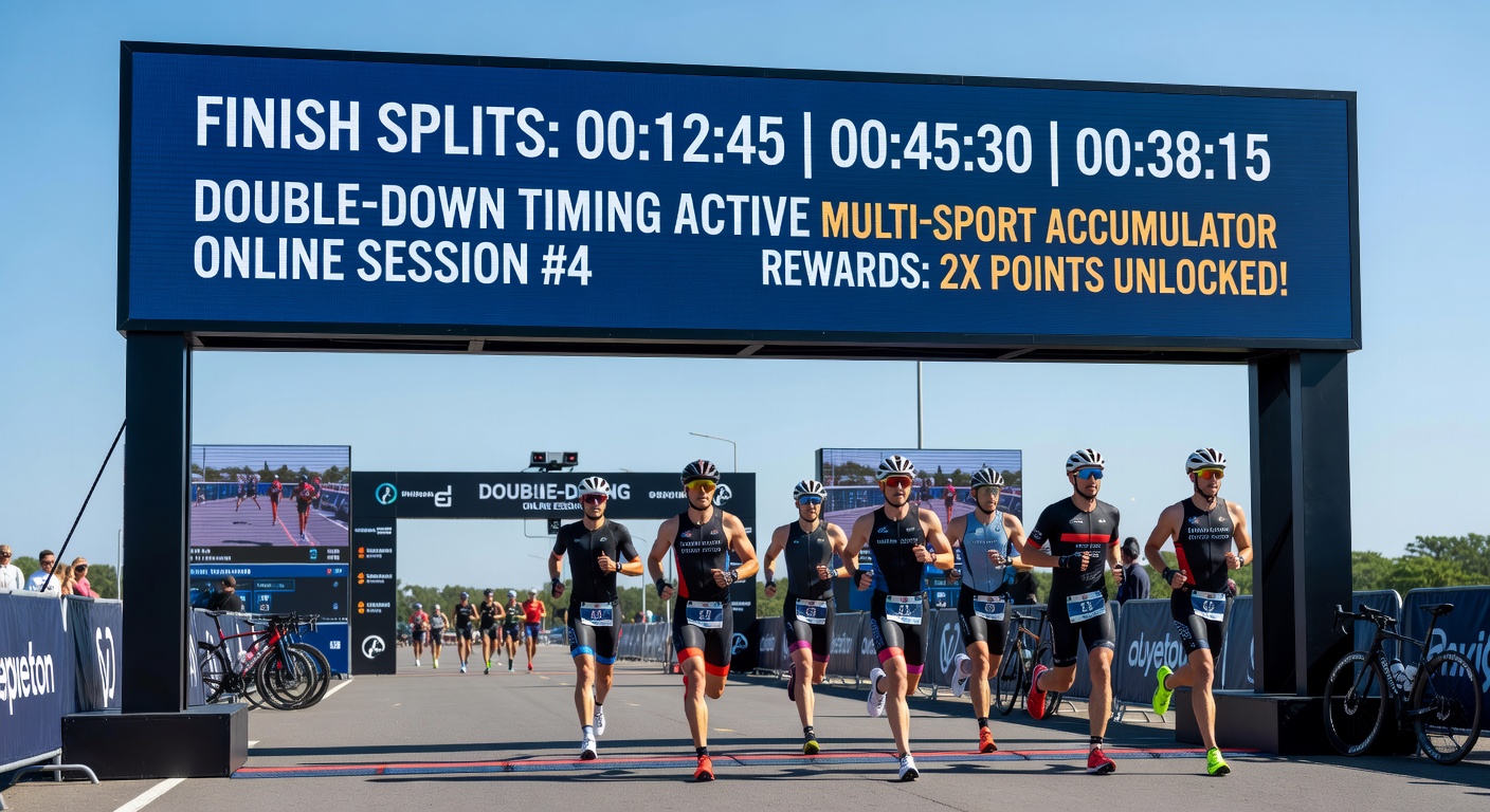 Triathlete crossing finish line with split time data overlay connected to digital blackjack interface