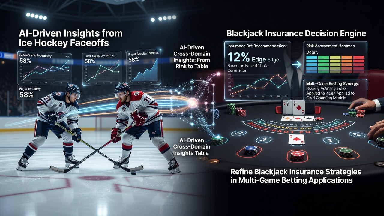 AI analysis dashboard displaying ice hockey faceoff metrics overlaid with blackjack probability simulations in a multi-game betting interface