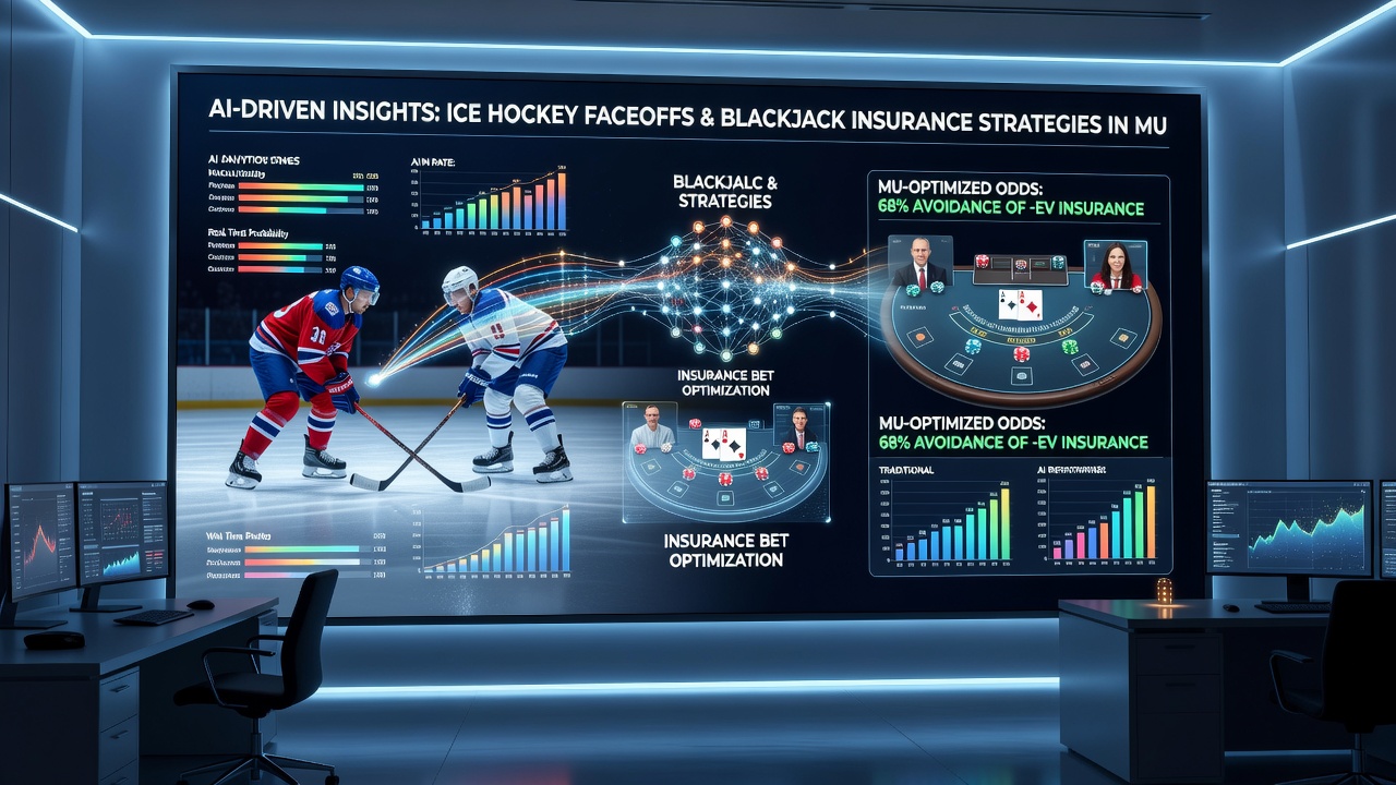 Split-screen view of a live NHL faceoff alongside a blackjack insurance prompt with AI-generated probability adjustments