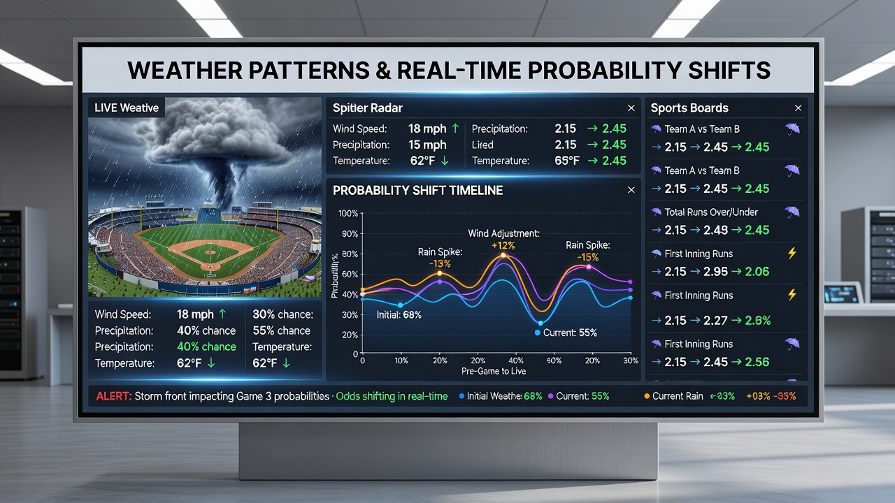 Digital interface showing synchronized sports odds and blackjack table with weather data overlays