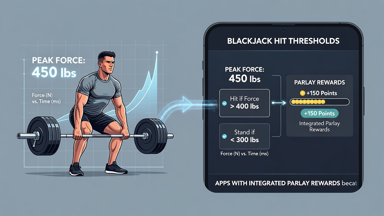 Mobile app interface displaying blackjack decision prompts alongside parlay reward indicators and timing metrics